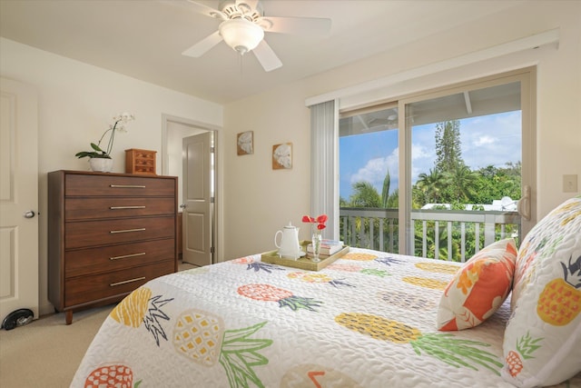 bedroom with carpet, access to outside, and a ceiling fan