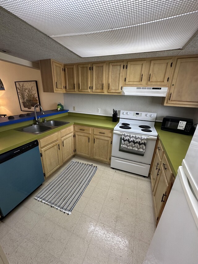 kitchen featuring dishwashing machine, light floors, a sink, under cabinet range hood, and white electric range