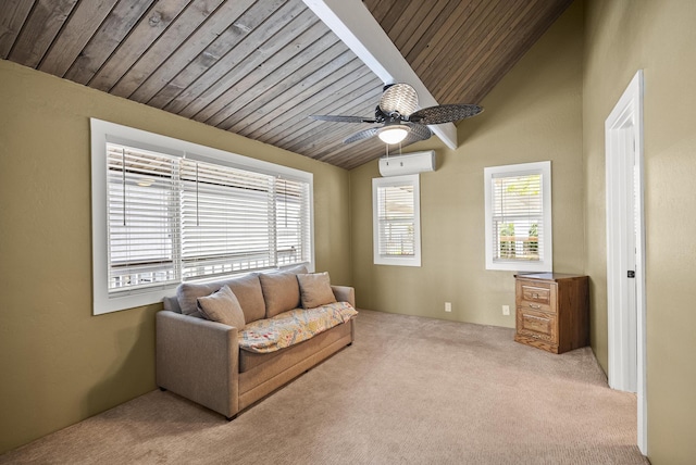 sitting room with a wall mounted AC, carpet, wood ceiling, ceiling fan, and vaulted ceiling