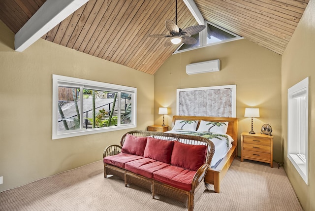 bedroom featuring an AC wall unit, carpet floors, beam ceiling, wooden ceiling, and high vaulted ceiling