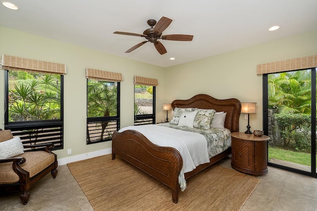 bedroom with ceiling fan, access to outside, and recessed lighting