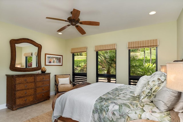 bedroom with tile patterned floors, a ceiling fan, and recessed lighting