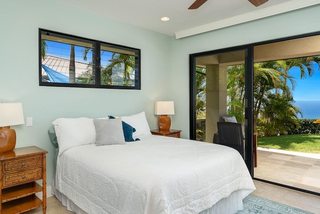 bedroom with access to exterior, recessed lighting, and ceiling fan