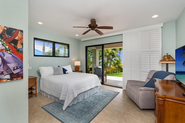 bedroom with access to outside, multiple windows, a ceiling fan, and recessed lighting