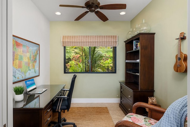 office with recessed lighting, baseboards, a ceiling fan, and light tile patterned flooring