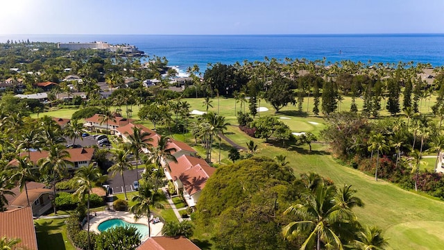 aerial view featuring view of golf course and a water view