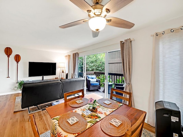 dining area featuring light wood finished floors and ceiling fan