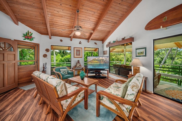 living room with beamed ceiling, wooden ceiling, wood finished floors, and a ceiling fan