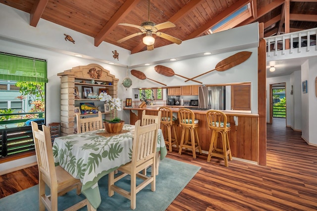 dining space with plenty of natural light, wooden ceiling, wood finished floors, and beam ceiling