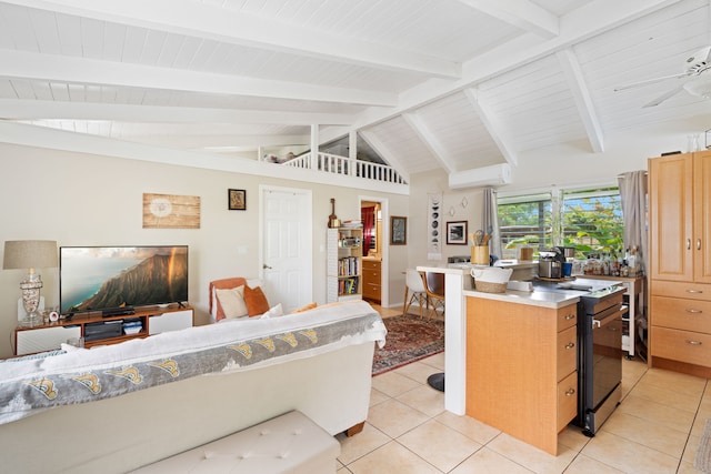 bedroom with vaulted ceiling with beams, light tile patterned flooring, and a wall mounted air conditioner