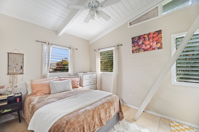 bedroom with vaulted ceiling with beams, ceiling fan, light tile patterned floors, wood ceiling, and baseboards