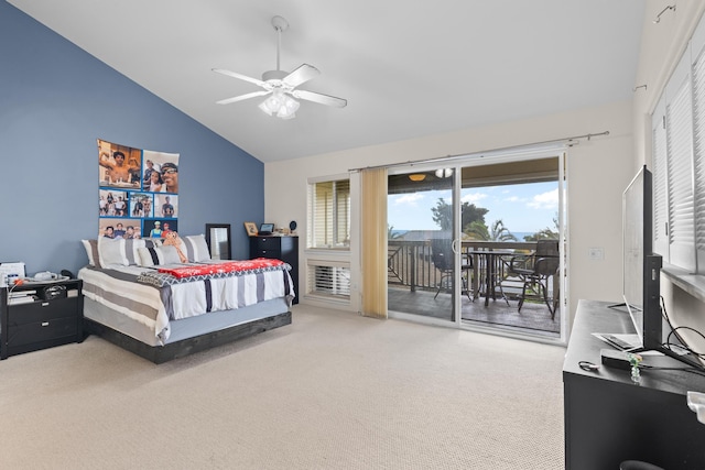 bedroom with lofted ceiling, access to outside, ceiling fan, and carpet