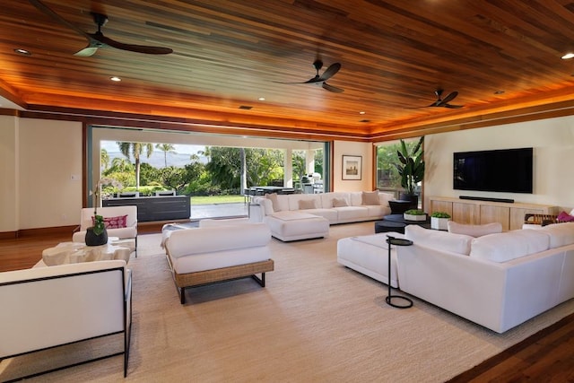 living room featuring a ceiling fan, a tray ceiling, wood ceiling, and recessed lighting