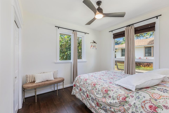 bedroom with ceiling fan, dark wood-style flooring, multiple windows, and a closet