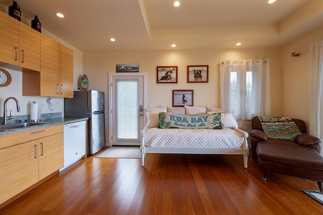 interior space with a sink, a raised ceiling, wood finished floors, and white dishwasher