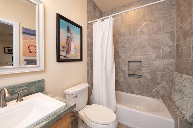 full bath with vanity, toilet, and shower / bathtub combination with curtain