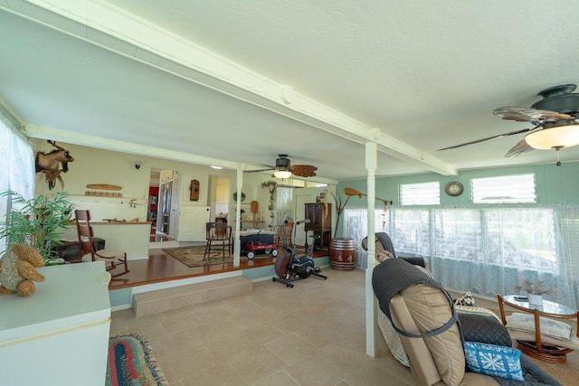 workout area featuring a sunroom and ceiling fan