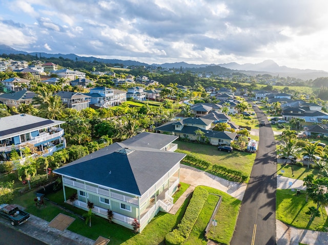 drone / aerial view featuring a mountain view and a residential view