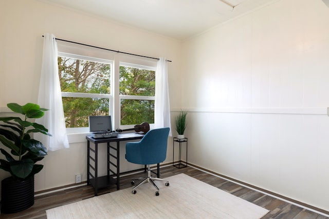 office area with crown molding and wood finished floors