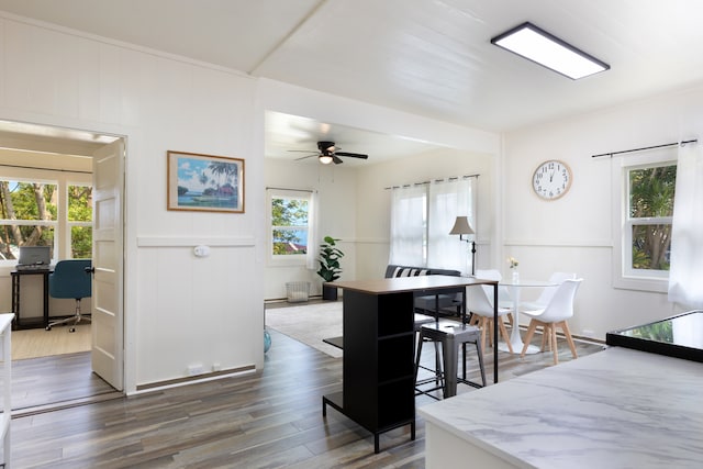 dining space with ceiling fan and wood finished floors