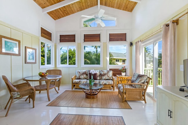 sunroom / solarium featuring lofted ceiling with beams, wood ceiling, and a ceiling fan