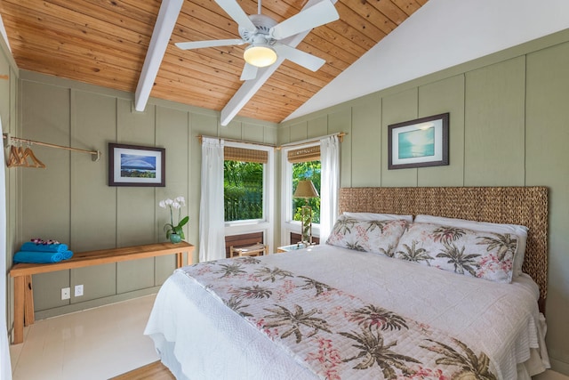 bedroom featuring vaulted ceiling with beams, wooden ceiling, a decorative wall, and ceiling fan