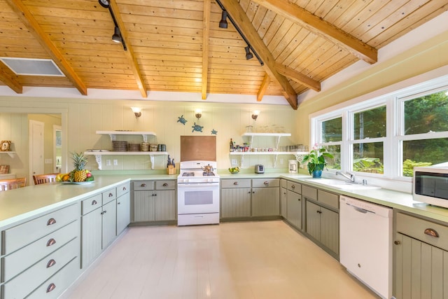 kitchen featuring white appliances, open shelves, a sink, and gray cabinetry