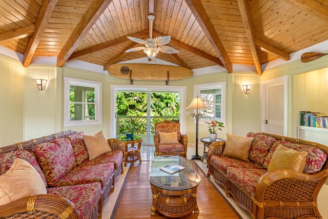 living area with wood ceiling, vaulted ceiling with beams, and wood finished floors