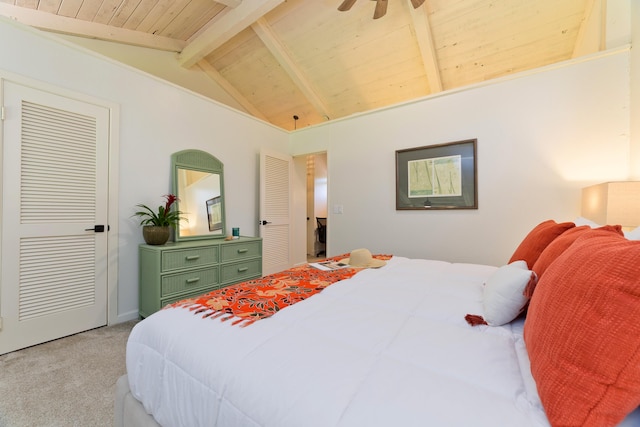 bedroom with light carpet, ceiling fan, wooden ceiling, and vaulted ceiling with beams