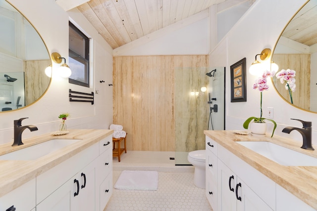 bathroom with wood ceiling, vaulted ceiling, walk in shower, and a sink