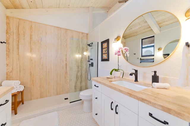 bathroom with lofted ceiling with beams, wooden ceiling, a walk in shower, and vanity