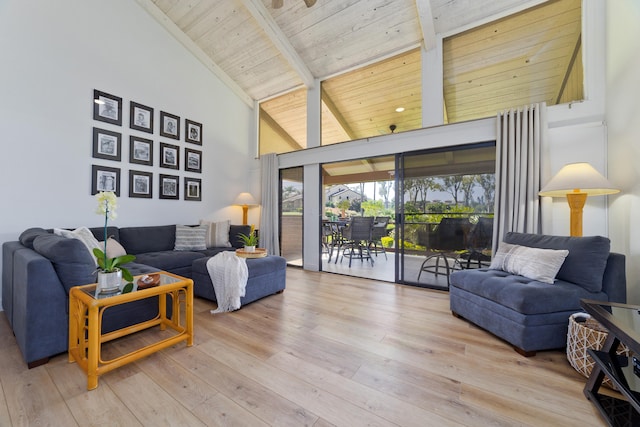 living room with high vaulted ceiling, wood ceiling, beamed ceiling, and wood finished floors