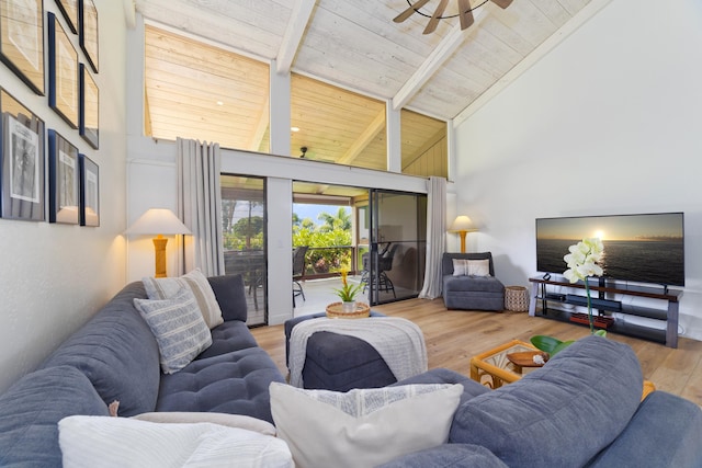 living area with high vaulted ceiling, beamed ceiling, wood finished floors, and wood ceiling