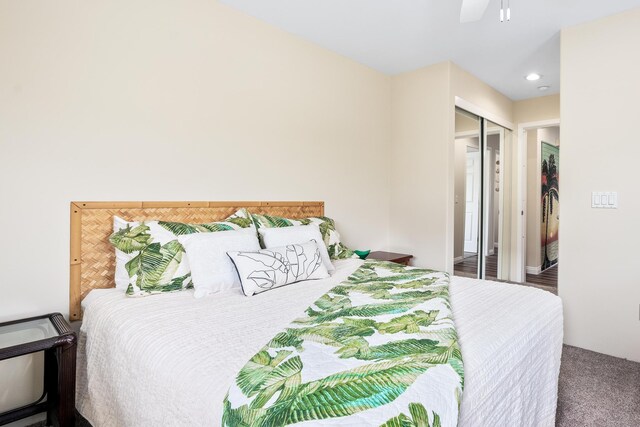 bedroom with recessed lighting, a closet, carpet floors, and ceiling fan