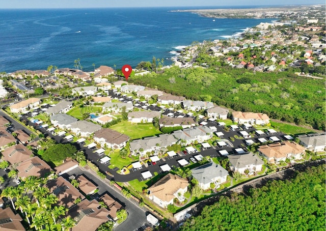 aerial view featuring a water view and a residential view