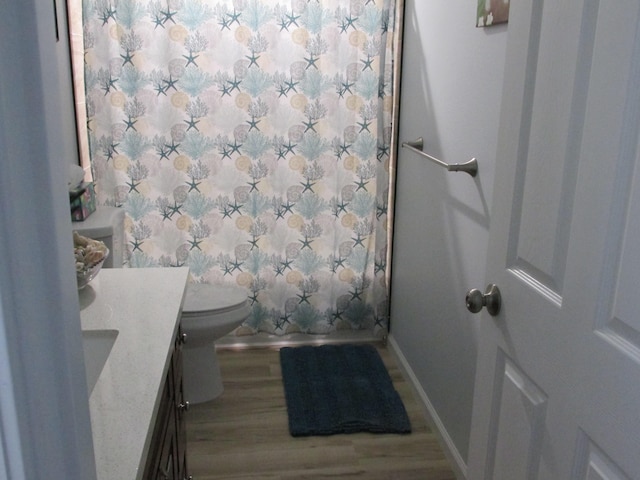 full bath featuring baseboards, toilet, wood finished floors, curtained shower, and vanity