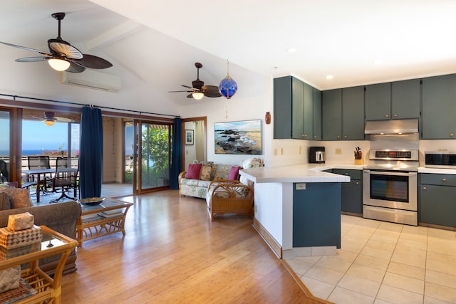 kitchen with stainless steel appliances, beamed ceiling, under cabinet range hood, ceiling fan, and a peninsula