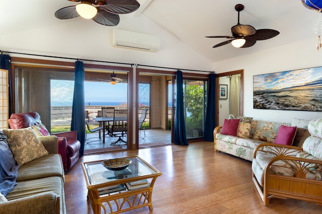 living room with a ceiling fan, high vaulted ceiling, wood finished floors, and an AC wall unit