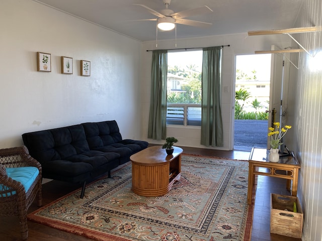 living area featuring ceiling fan and wood finished floors