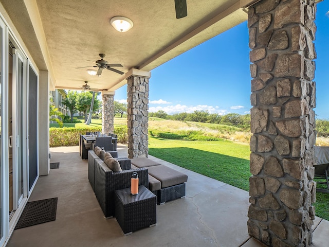 view of patio featuring visible vents, ceiling fan, and outdoor lounge area