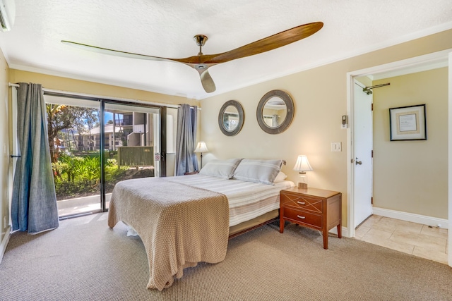 bedroom featuring light tile patterned floors, baseboards, ceiling fan, access to outside, and light colored carpet