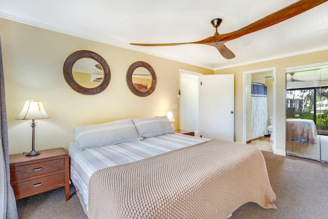 carpeted bedroom featuring ceiling fan, crown molding, and access to exterior