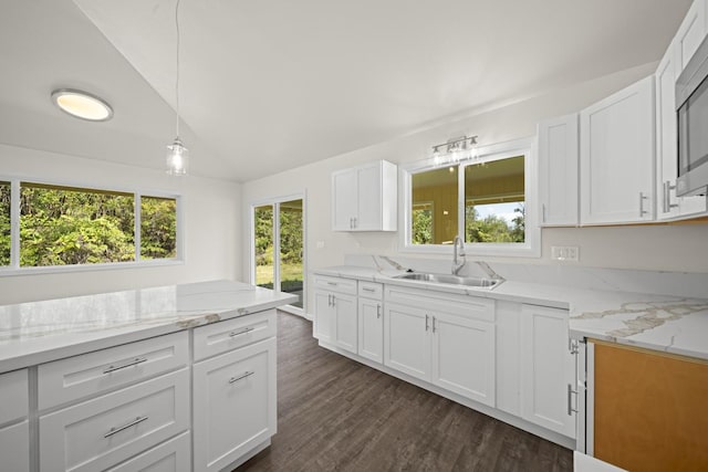 kitchen with white cabinetry, light stone counters, dark wood-type flooring, and a sink