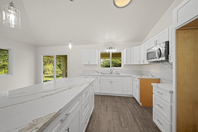 kitchen with light stone counters, stainless steel microwave, a sink, and a healthy amount of sunlight