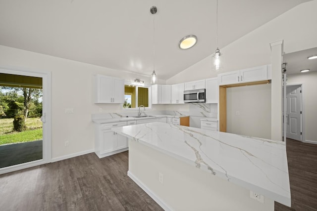 kitchen featuring a healthy amount of sunlight, light stone countertops, dark wood-style floors, and stainless steel microwave