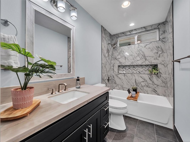 full bathroom with tile patterned flooring, toilet, recessed lighting, vanity, and shower / bathing tub combination