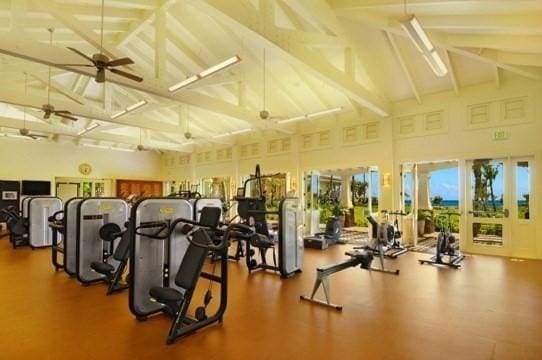 gym featuring a ceiling fan and high vaulted ceiling