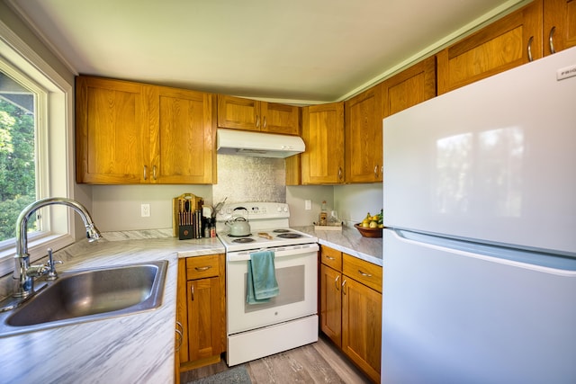 kitchen with white appliances, under cabinet range hood, light countertops, and a sink