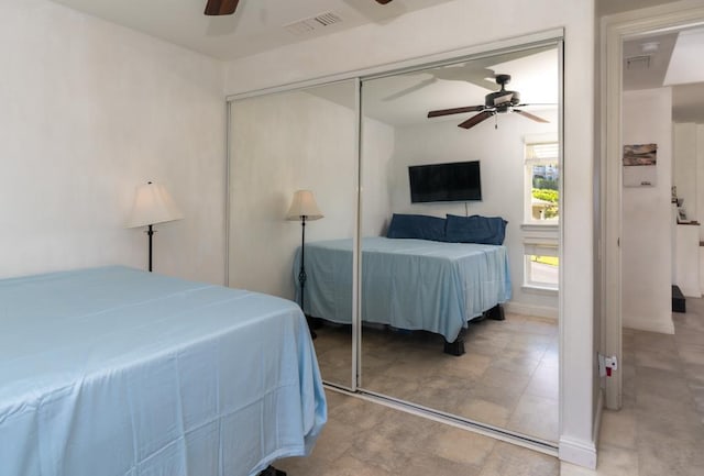 bedroom with a ceiling fan, a closet, visible vents, and baseboards