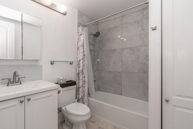 bathroom with toilet, shower / bath combination with curtain, vanity, and decorative backsplash